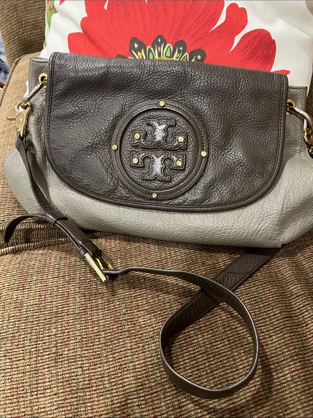 Tory Burch Two-Tone Pebbled Leather Crossbody in Dark Brown and Light Gray